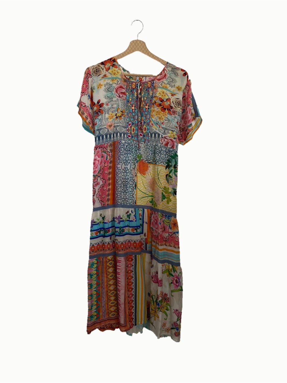 Johnny Was Floral Patchwork Tie Front Cotton Maxi Dress XL